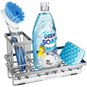 Consumest Sink Caddy, Kitchen Sponge Holder with Dish Brush Holder, Kitchen Organizer with Drip Tray for Countertop, Stainless Steel Rustproof - Silver