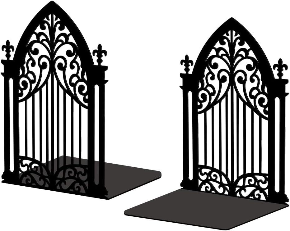 Peacoblue Metal Bookends for Shelves, Modern Decorative Heavy Duty Study Book Support Stoppers for Office, Desk, Shelf, Room 5.3"x4.3"x7.3" Cast Iron Simple Tall Bookends, 1 Pair (Gothic Gate) Black