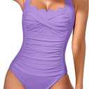 Eomenie Women One Piece Tummy Control Swimsuit Halter Scallop Trim Bathing Suits 1 Piece Vintage Ruched Slimming Swimwear, Size 2XL