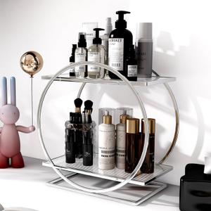 YGJT Bathroom Counter Organizer, 2 Tier Perfume Organizers for Dresser, Makeup Organizer Countertop for Vanity, Skincare Organizers Perfume Holder Tray Cosmetic Display Rack, Gifts for Women(Silver)