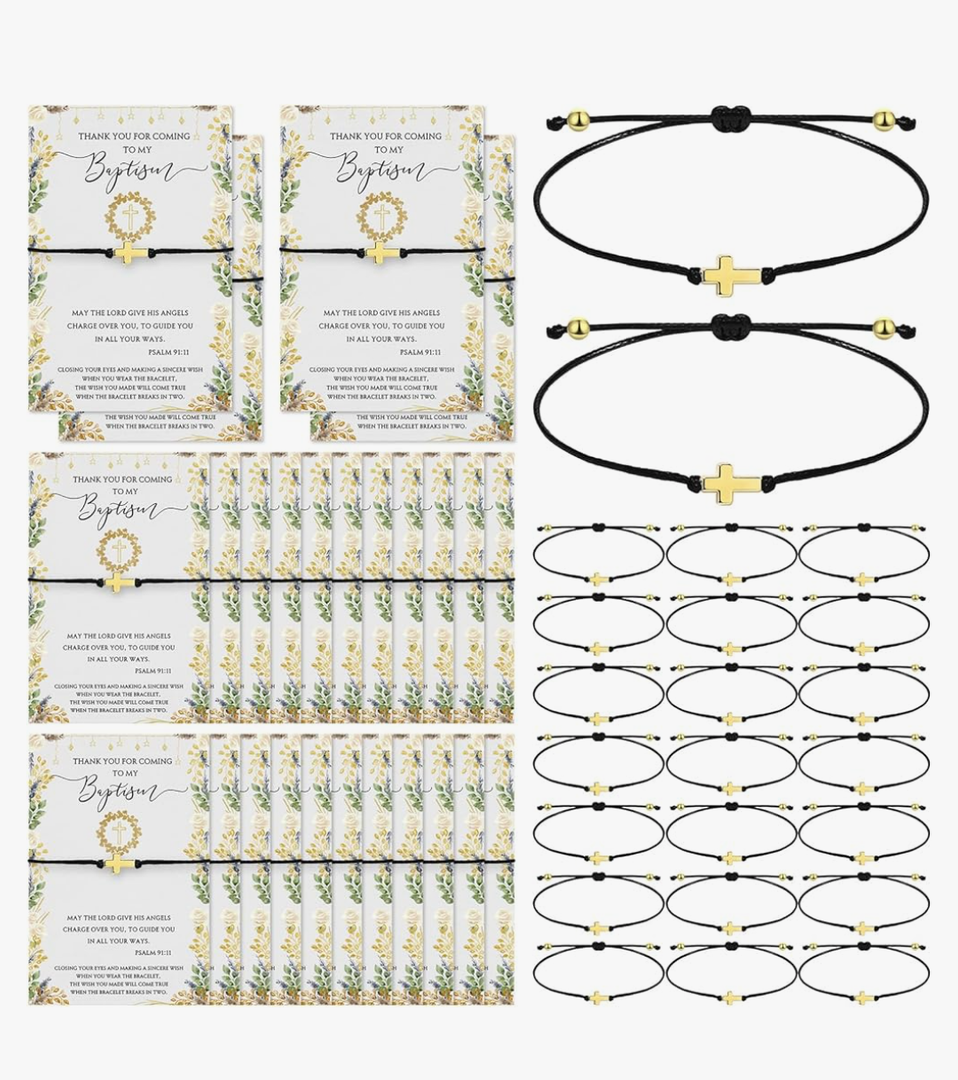 Tondiamo Baptism Favors for Guests Bulk Baptism Blessed Cross Bracelets Christening First Communion Party Favors Religious Bracelets with Thank You Cards for Baby Shower Souvenirs, 50 Counts