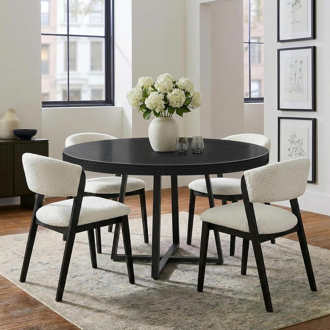 NUTIKAS 47 Inch Round Dining Table for 4, Modern Black Wood Grain Kitchen Table with Cross Metal Legs, Circular Industrial Dinner Table for Small Spaces, Breakfast Nook, Apartment, Office
