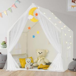 Kids Tent with Mat, Toddler Playhouse Girls Princess Castle Play Tent with Star Lights Toys for Children Indoor and Outdoor Games (Light Yellow)