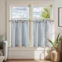 jinchan Linen Kitchen Curtains 24 Inch Length Striped Tier Curtains Ticking Stripe Small Drapes for Living Room Bathroom Cafe Small Window Farmhouse Rustic Pinstripe Rod Pocket 2 Panels Blue