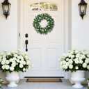 SHACOS Greenery Wreath 15" Artificial Front Door Wreaths Green Wreath with White Flowers for Home Wall Window Farmhouse Decoration 100% Plastic Indoor Outdoor