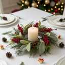 8 Pcs Christmas Candle Rings Wreath Decorations Artificial Red Color Berry Garland Wreaths Pine Garland Norfolk Pine Holder Pillars for Kitchen Cabinet Xmas Home Table Decor (Classic)