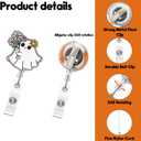 2 x Halloween Badge Reel,Cute Ghost with Floral Daisy Acrylic Badge for ID Card Badge,Fun Telescoping Retractable Badge Holder Alligator Clip Accessories for Nurse,Medical Worker,Nursing Student,Teacher