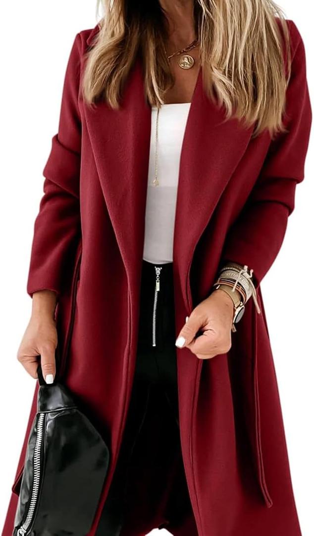 Tankaneo Womens Notched Lapel Collar Coats Open Front Long Jackets Overcoat with Belt (Small, Wine Red)