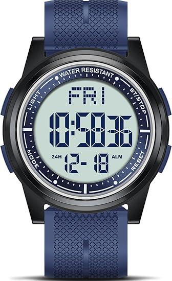 Beeasy Digital Watch for Men Women, 50M Waterproof, Ultra-Thin & Lightweight, 44mm Silicone Sports Watch with Alarm, Stopwatch, Countdown, Ideal for Gym, Running, School, Daily Wear