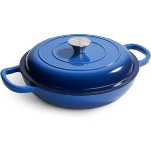 3 Quart Enameled Cast Iron Braiser, Non Stick Enameled Cast Iron Skillet with Lid, Dutch Oven Skillet with lid up to 500F for Oven, Stove, Grill, Shallow Dutch Oven for Cook, Bake (Blue)