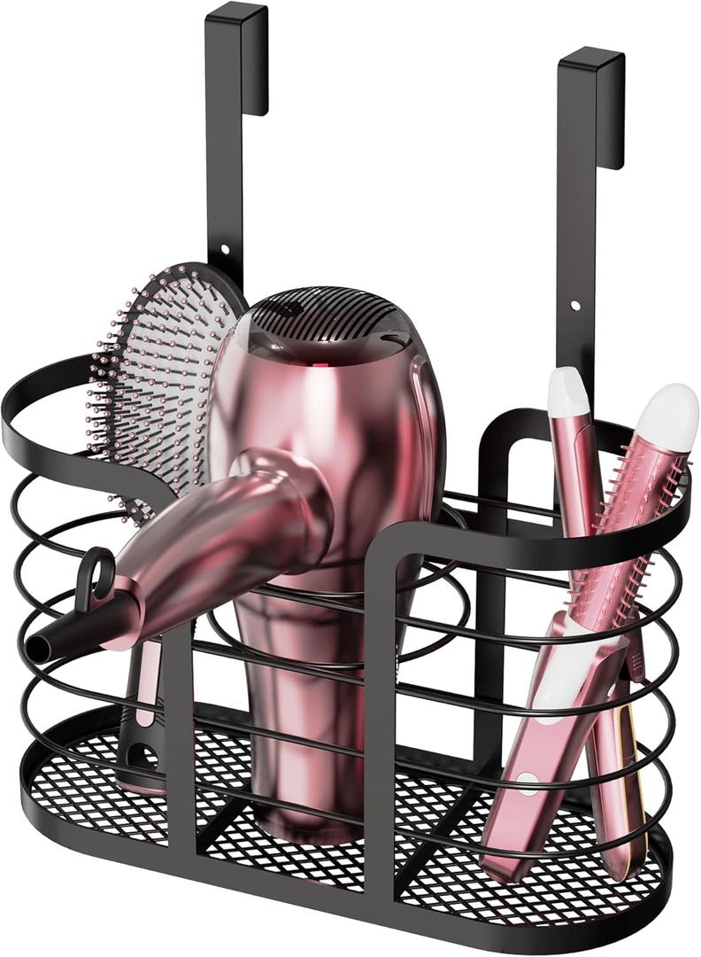 YIGII Hair Tool Organizer - Dryer Holder/Blow Holder Cabinet Door, Bathroom Care & Styling Tools Storage Basket for Dryer, Flat Irons, Curling Straighteners (Black)