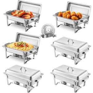 VEVOR Chafing Dish Buffet Set, 8 Qt 6 Pack, Stainless Chafer with 6 Full Size Pans, Rectangle Catering Warmer Server with Lid Water Pan Folding Stand Fuel Holder Tray Spoon Clip, at Least 8 People Each