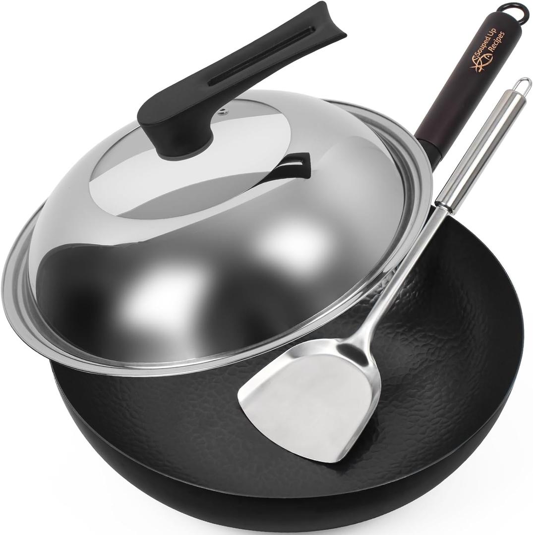 12.5 Inch Carbon Steel Wok For Electric, Induction and Gas Stoves (Lid, Spatula and User Guide Video Included)