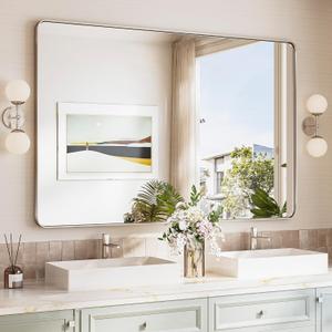 TokeShimi 55x36 Bathroom Mirror Brushed Nickel,Aluminum Framed Bathroom Mirrors for Over Sink,Rectangle Vanity Mirror Bath,Tempered Glass Wall Mirror Modern(Horizontal/Vertical)