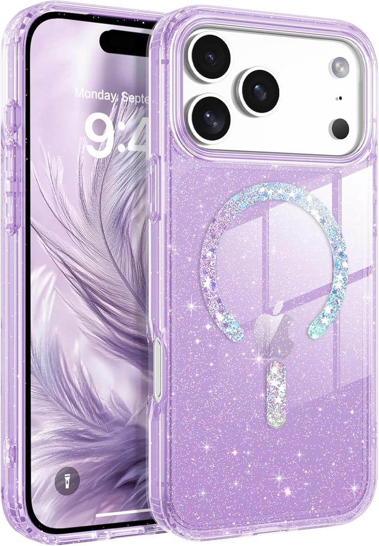 BENTOBEN Magnetic for iPhone 17 Pro Max Case, Clear Crystal Glitter Bling 17 Pro Max Phone Case [Compatible with MagSafe], Shockproof Sparkly Cute Women Girl Cover for iPhone 17 Pro Max, Purple