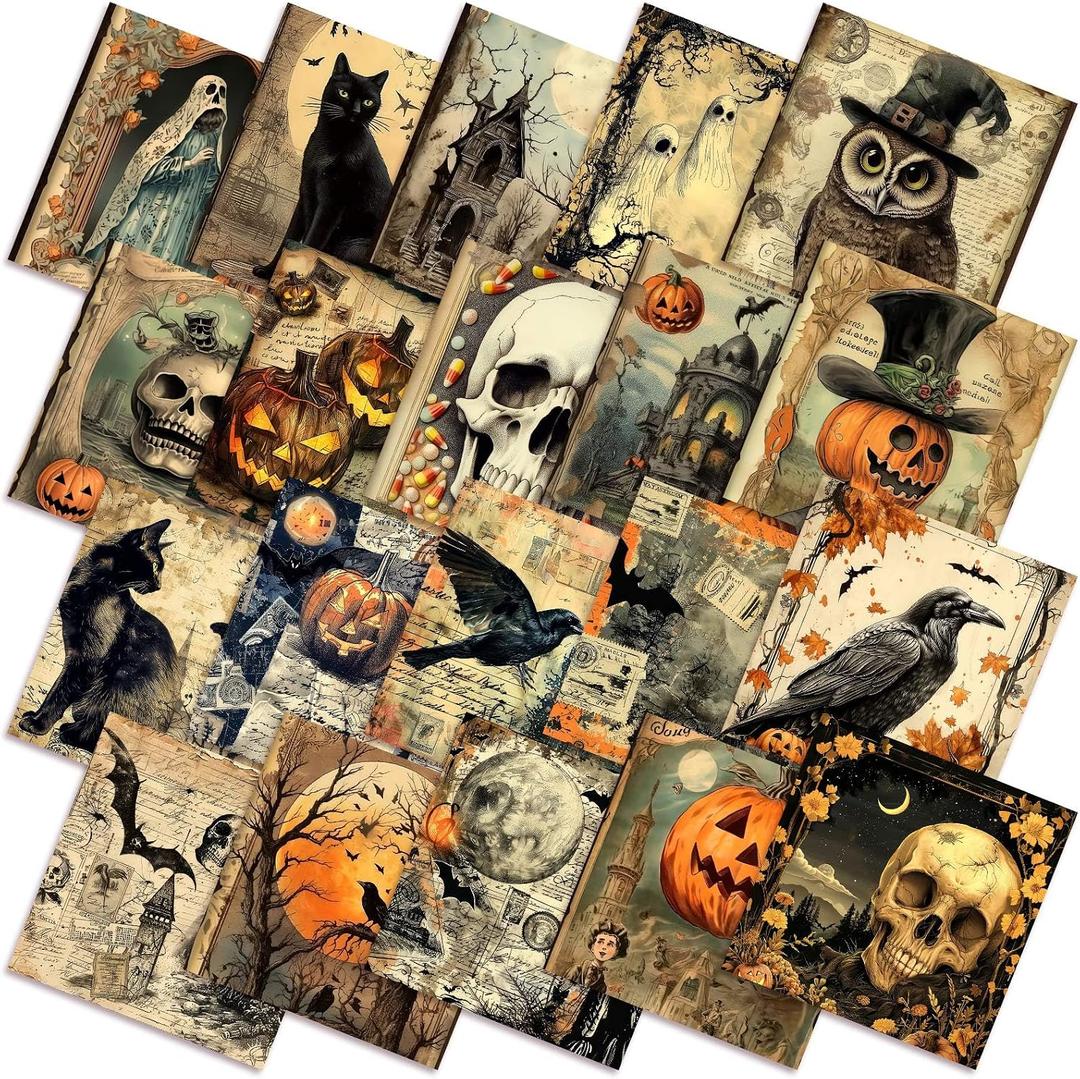 HunnmingRe 20 Pcs 10''x10'' Vintage Halloween Quilting Fabric Square Spooky Gothic Quiltted Fabric Bundle Pumpkin Skull Cat Bat Precuts Printed Sewing Material for Horror DIY Craft Patchwork Supplies