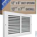 Fits 12x6 Duct Opening | Steel Baseboard Return Air Grille by Handua | Vent Cover Grill | 7/8" Margin Turnback [Depth] to Fit Baseboard | White | Outer Dimensions: 13.75"W X 7.75 "H