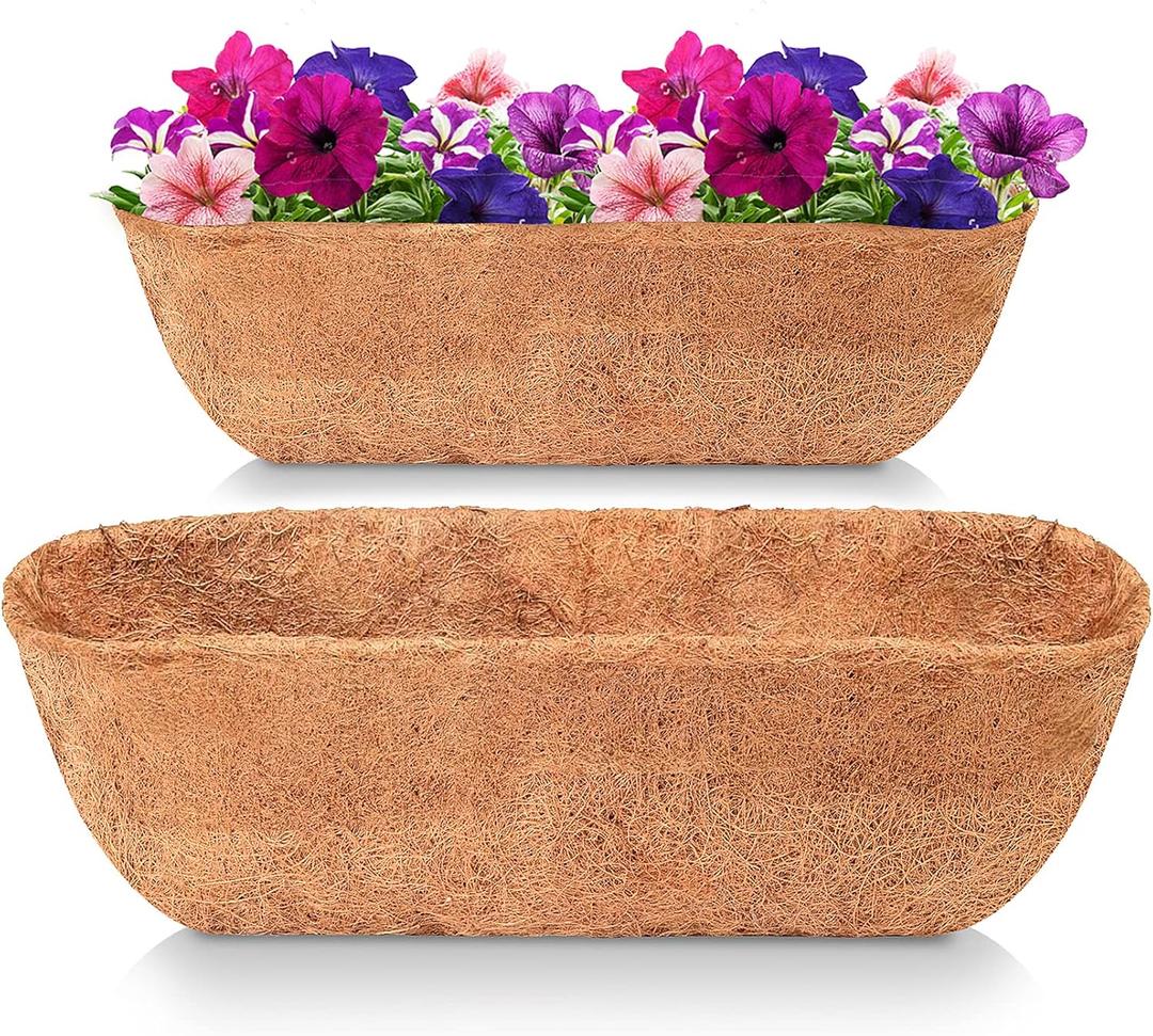 LAVEVE 24 Inches Trough Coco Liner Replacement for Plant Hanging Basket, 2 Pcs Thick Coconut Fiber Liners for Garden Flowers Planter, Window Flower Box, Vegetables Pot
