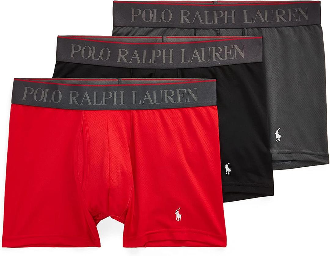 POLO RALPH LAUREN Men's 4D Flex Performance Air Boxer Briefs Regular and Long Leg 3-Pack (Red/White Black/White Grey/White - 3 Pack)