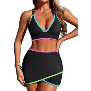 ZAFUL Women's High Waisted Bikini with Skirt Whip Stitch 2 Piece Swimsuits Tummy Control Bathing Suit, Large