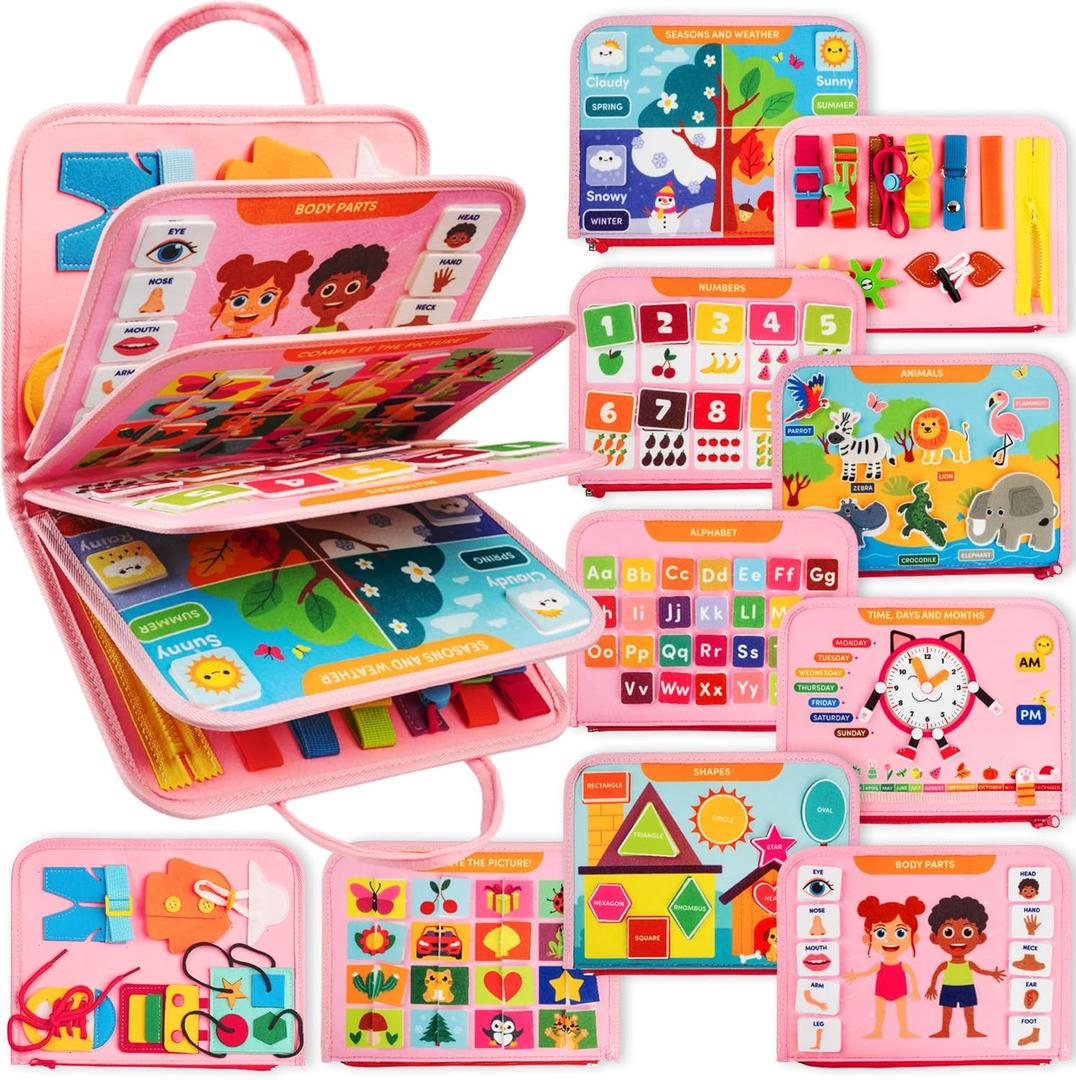 Clever Fox Play Busy Book for Toddlers 1-3 Year-Old  Baby Busy Board Book  Montessori Felt Activity Board for Learning Fine Motor Skills, Car Airplane Travel Toy  Birthday Gift for Girls Ages 1+ (Pink)
