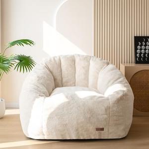 MAXYOYO Giant Bean Bag Chair, Oversized Bean Bag Couch for Adults and Kids, Faux Fur Shell-Shaped Large Chair with Filler, Stuffed Big Accent Sofa Lounge Floor Sofa for Gaming, Reading, Beige