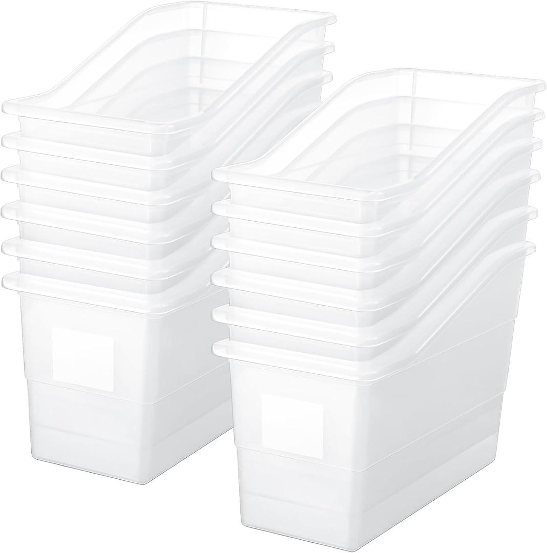 Suzile 12 Pcs Book Bins with Labels Linking Storage Bins Folder Magazine File Holder Interlocking Plastic Book Organizer Container for Office Classroom Home (Clear)