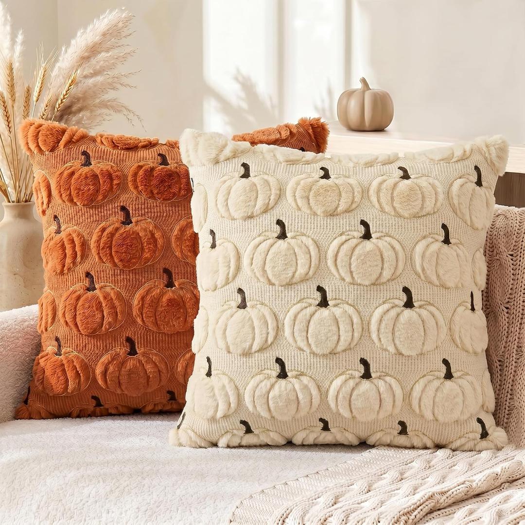 AVOIN colorlife Caramel Beige Fall Pumpkin Throw Pillow Covers 18x18 Inch | Autumn Harvest Thanksgiving Soft Plush Faux Fur Jacquard Embroidered Cushion Case Decoration for Sofa Couch Set of 2, Caramel/Beige