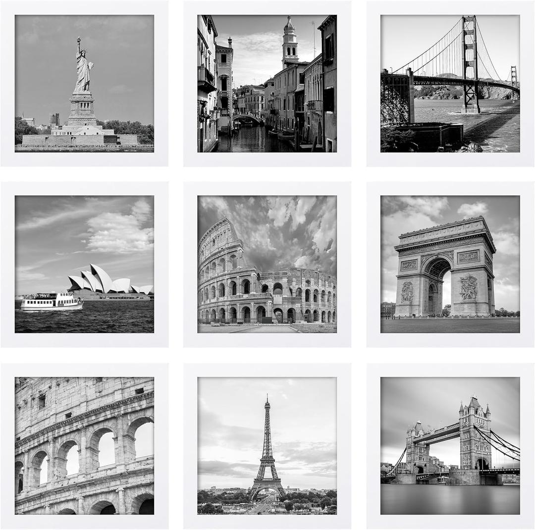 eletecpro 8x8 Picture Frames Set of 9 Classic Gallery Wall Frame Set Displays 4x4 Photo with Mat or 8x8 without Mat, Square Picture Frames Collage Wall Decor, White Home Decor for Hanging