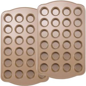 Mini Muffin Pans Nontick 24, Cupcake Pans Set with Wide Handle, Muffin Tins for Baking, 24-Cup,2 Pack, Gold