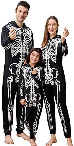 ANGELGGH Family Matching Halloween Onesie Pajamas, Funny Skeleton Hooded Zipper PJs Holiday Loungewear for Men/Women, Size XL, 1 Pack