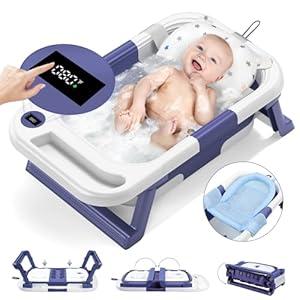 Collapsible Baby Bathtub, Baby Bath Tub for Infants to Toddler, with Thermometer & Soft Floating Cushion & Bath Net, No-Slip Hanging Portable Bathtub