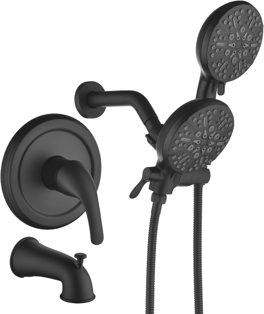Taplong Shower Tub Faucet Set with Handheld Spray Dual Shower Faucet Set with Tub Spout Shower System Dual Shower Head and Handheld Combo Shower Trim Kit Rough-in Valve Included Matte Black,TP038