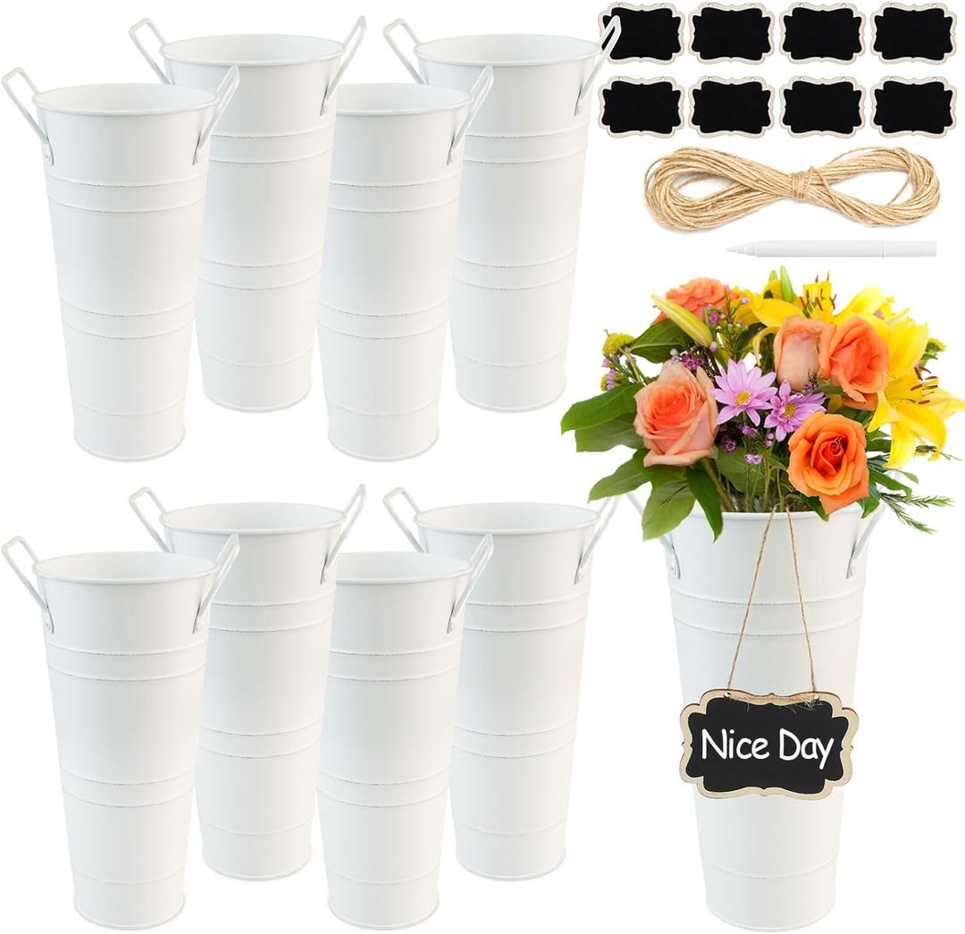 8 Pcs Galvanized Flower, Metal Vases for Flowers 10 Inch High, Flower Buckets for Flower Bar, Flower Bar Buckets Set Including Metal Flower Buckets, Liquid Chalk, Wooden Chalkboard, Hemp Rope