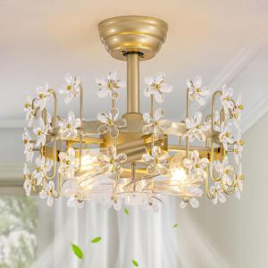 Modern Gold Crystal Fandelier Ceiling Fans with Lights and Remote,Chandelier Fan for Girl's Bedroom,Living Room