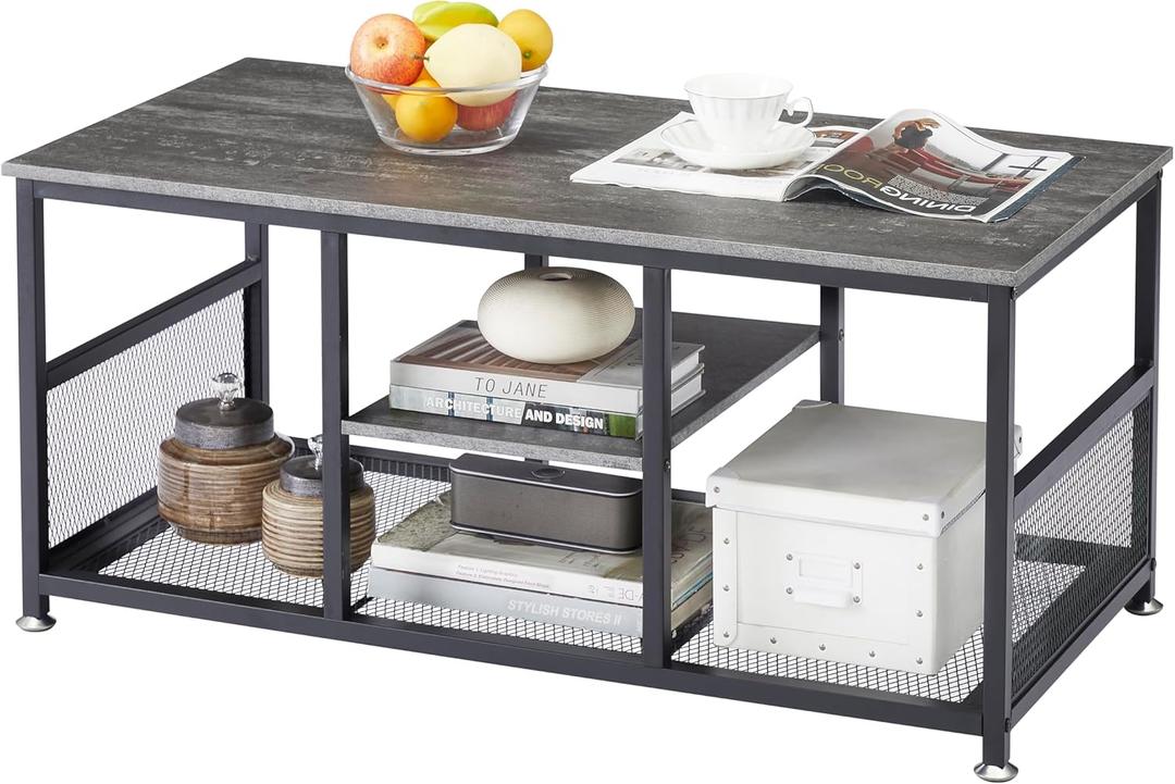 VECELO Coffee Center Table with Storage for Living Room Office Reception, Industrial Mesh Shelf, 39.4 Inch, Charcoal Grey