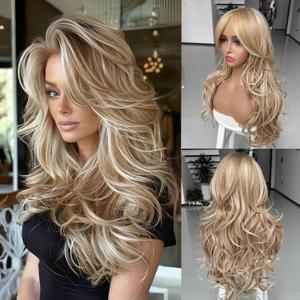 Platinum Blonde Highlight Ombre Light Brown Wig Long Wavy Layererd Wigs with Curtain Bangs for White Black Women,Synthetic Blonde Highlight Layered Wig for Daily Party Use 24Inch