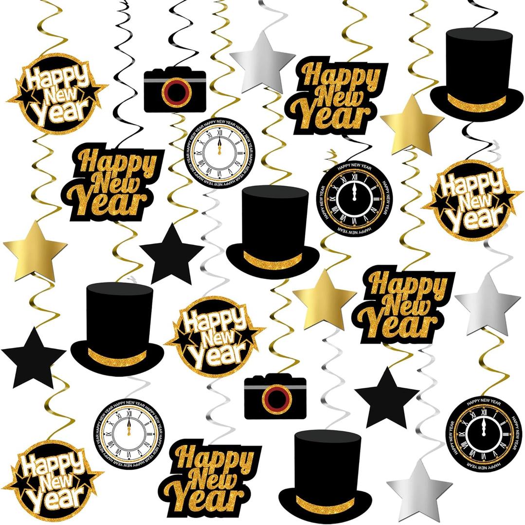 KatchOn, Happy New Year Hanging Swirls - Pack of 30, No DIY | New Years Eve Party Supplies 2026 | New Years Decorations 2026 | Nye Decorations 2026 | Happy New Year 2026 | Nye Party Supplies
