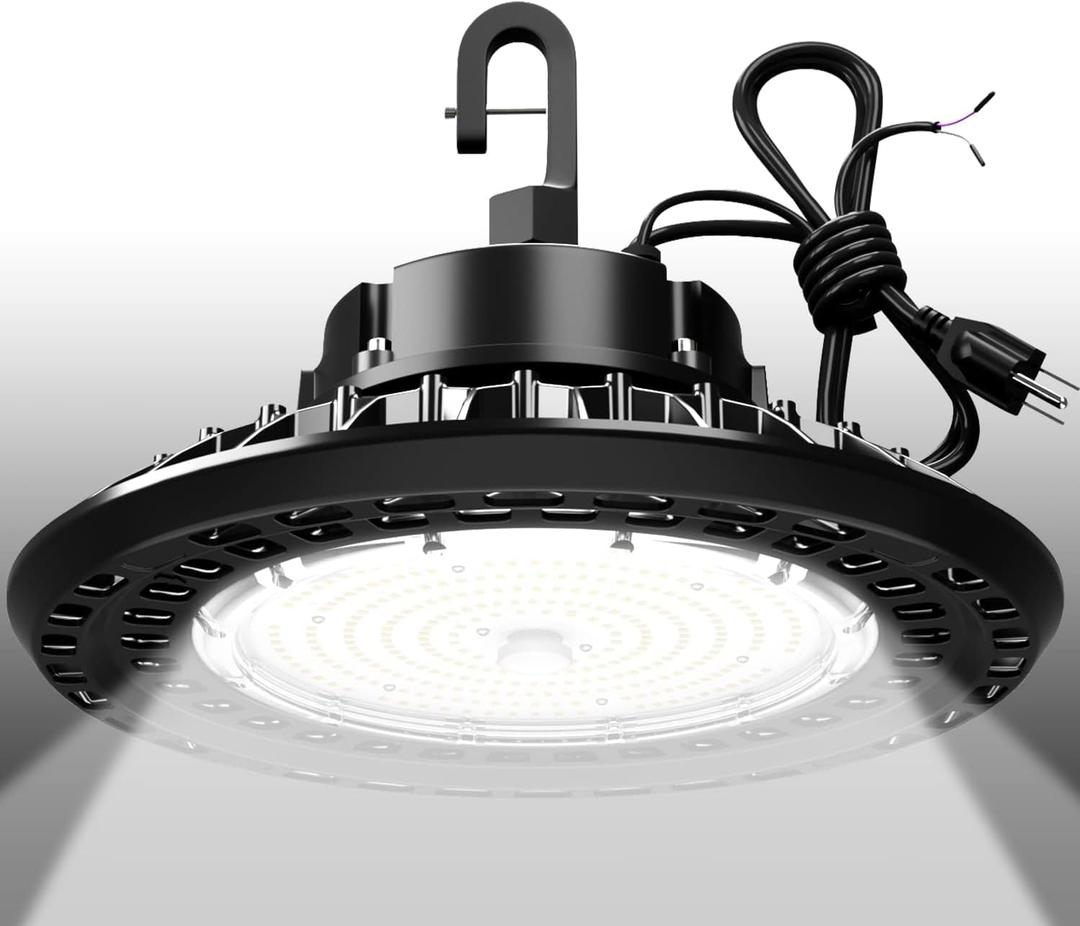 LED High Bay Light 100W 14000LM (Eqv. to 400W HPS/MH) 5000K 1-10V Dimmable, 5' Cable with 110V Plug Ring Hook Safe Rope ETL Listed UFO High Bay LED Light Fixture for Factory Warehouse Workshop
