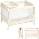 ANGELBLISS Baby Bassinet Bedside Crib, Pack and Play with Mattress, Diaper Changer, One-Push Setup Playards from Infants to Toddlers (Beige)