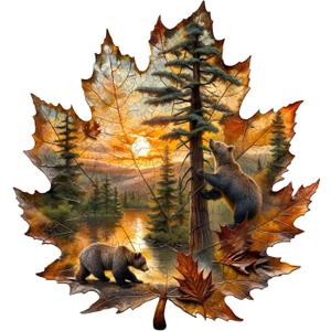 Wooden Puzzles for Adults, Brown Bear Autumn Maple Leaf Wooden Jigsaw Puzzle, Unique Animal Shaped Wood Puzzles Adult, Creative Gifts for Friends/Family/Puzzle Lovers, Home Decor (M-11.4 * 10.6in 155pcs)