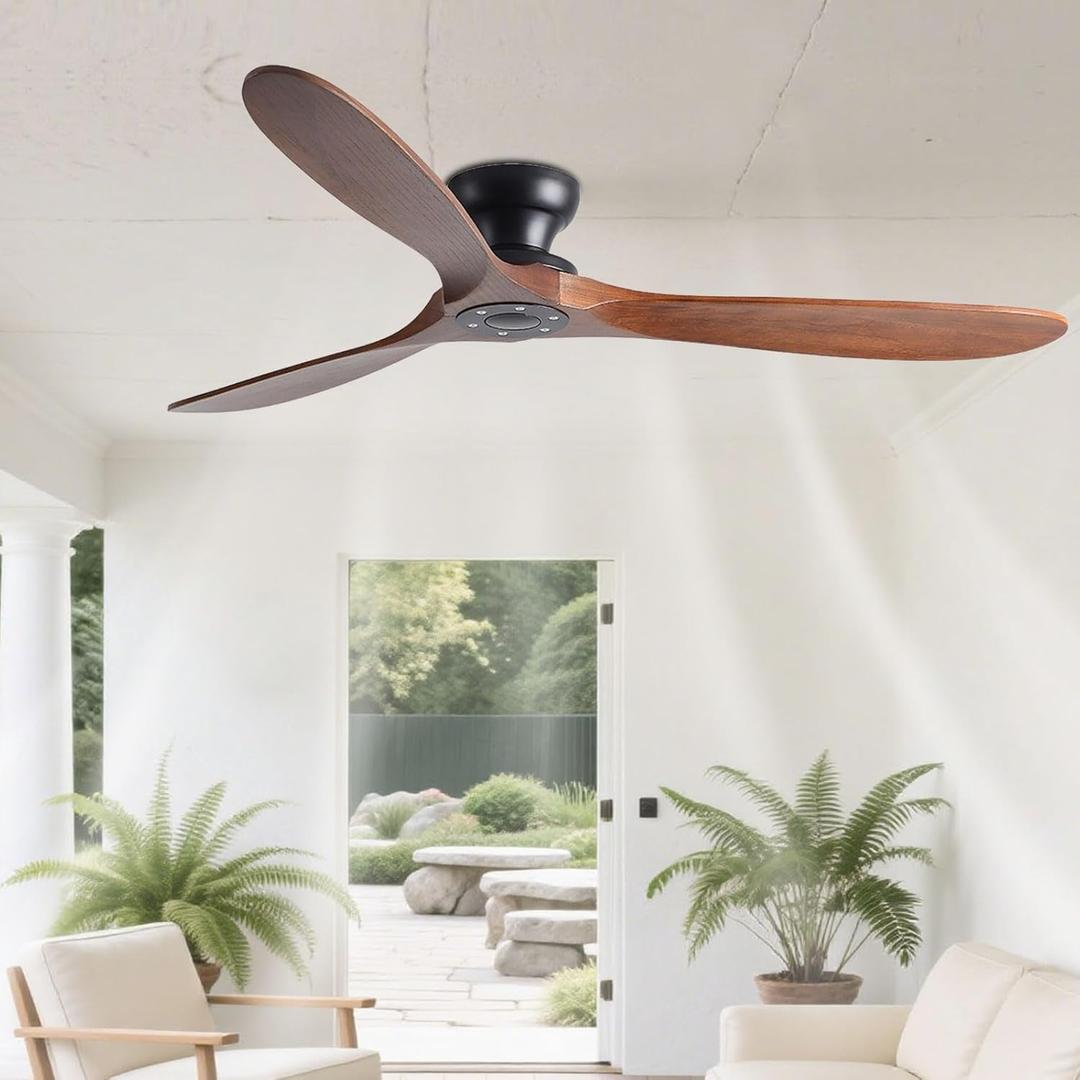 60 Inch Flush Mount Ceiling Fan No Light with Remote, Black and Walnut