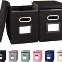 2 Pack Hanging File Folders Organizer with Lid, Letter Size Fabric File Storage Box Collapsible, Portable Office Document Holder with Metal Handle, Smooth PVC Rails, Black