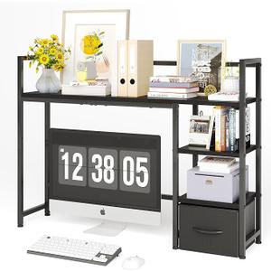 Desk Shelf with Drawer, 41.3" Desktop Organizer Shelf, Desk Hutch for Computer Monitor Max 32", 3 Tier Desktop Display Rack, Wooden Desk Top Bookshelf Storage Rack for Home Office Dorm, Black