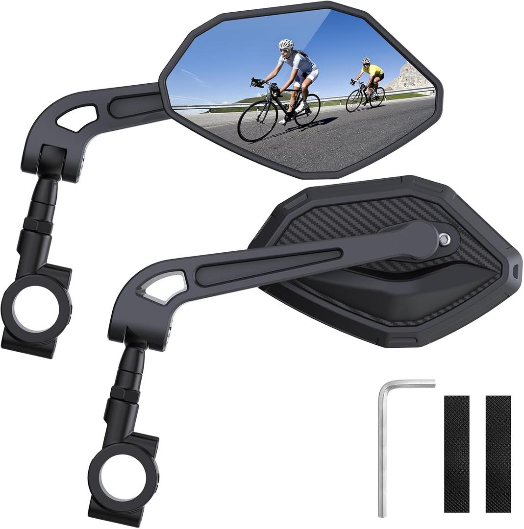 Adjustable Handlebar Bike Mirror- Anti-Slip Pads & Installation Wrench, 360 Rotatable HD Shatterproof Glass Electric Bike Mirrors, Fit for Mountain/E-Bikes/Road Bikes (1 Pair)