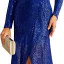 Women's Long Sequin Formal Dresses Long-Sleeve Cocktail Wedding Guest Dresses Elegant V Neck Party Gowns (Blue-t36)
