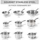 T-fal Gourmet 15-Piece Stainless Steel Cookware Set, Pots and Pans Cooking Set, Dishwasher Safe, Oven Safe to 500F, Induction Compatible, Stock Pot, Sauce, Saute, Frying Pans, Silver