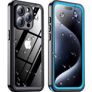 Temdan for iPhone 15 Pro Case Waterproof, [Built-in Screen Protector][IP68 Underwater][15FT Military Drop Proof][Dustproof][Real 360] Full Body Shockproof Protective Phone Case 6.1'' - Blue/Clear