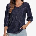 Women's Sparkly Sequin Tops 3/4 Sleeve Glitter Dressy Blouses V-Neck Club Party Tops M
