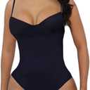 Hilinker Women's V Neck Spaghetti Strap Bodysuit Sexy Sleeveless Camisole Bustier Top (Large, Black)